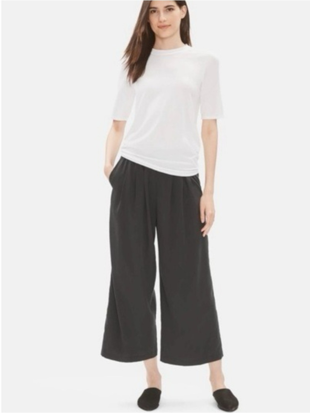 Eileen Fisher Tencel Viscose Woven Wide Leg Pleated Crop Trousers Pants Black XS
